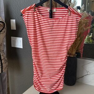 Michael Kors Red and White Striped Top with Gold Zipper